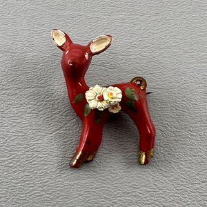 Vintage Plastic Celluloid Hand Painted Christmas Reindeer Brooch Pin